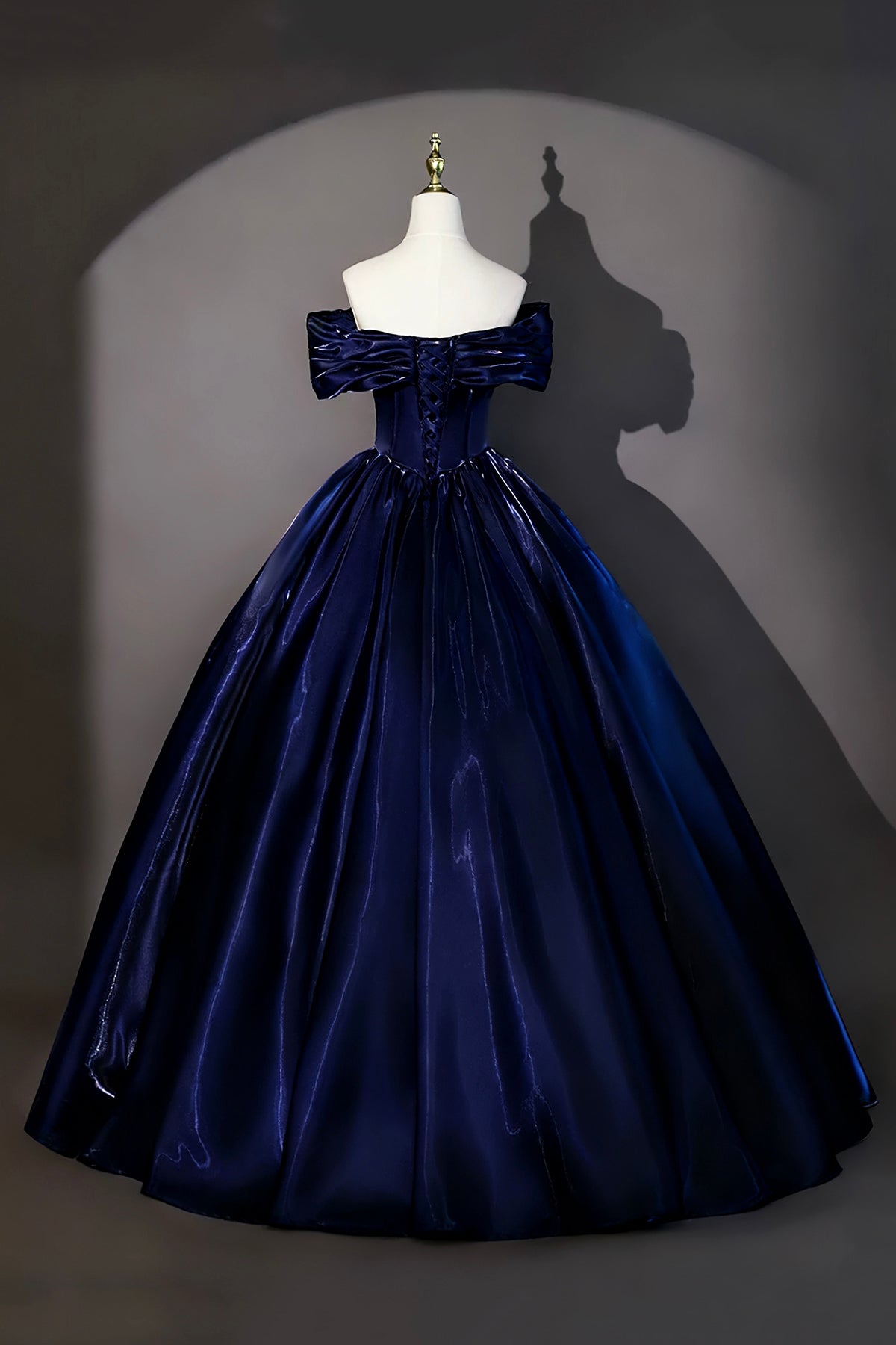 Navy Satin Floor Length Evening Gown, Beautiful A-Line Off the Shoulder Formal Gown