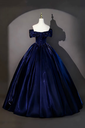 Navy Satin Floor Length Evening Gown, Beautiful A-Line Off the Shoulder Formal Gown