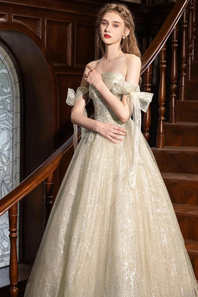 Champagne Strapless Sequins Long Prom Dress, A-Line Off the Shoulder Party Dress