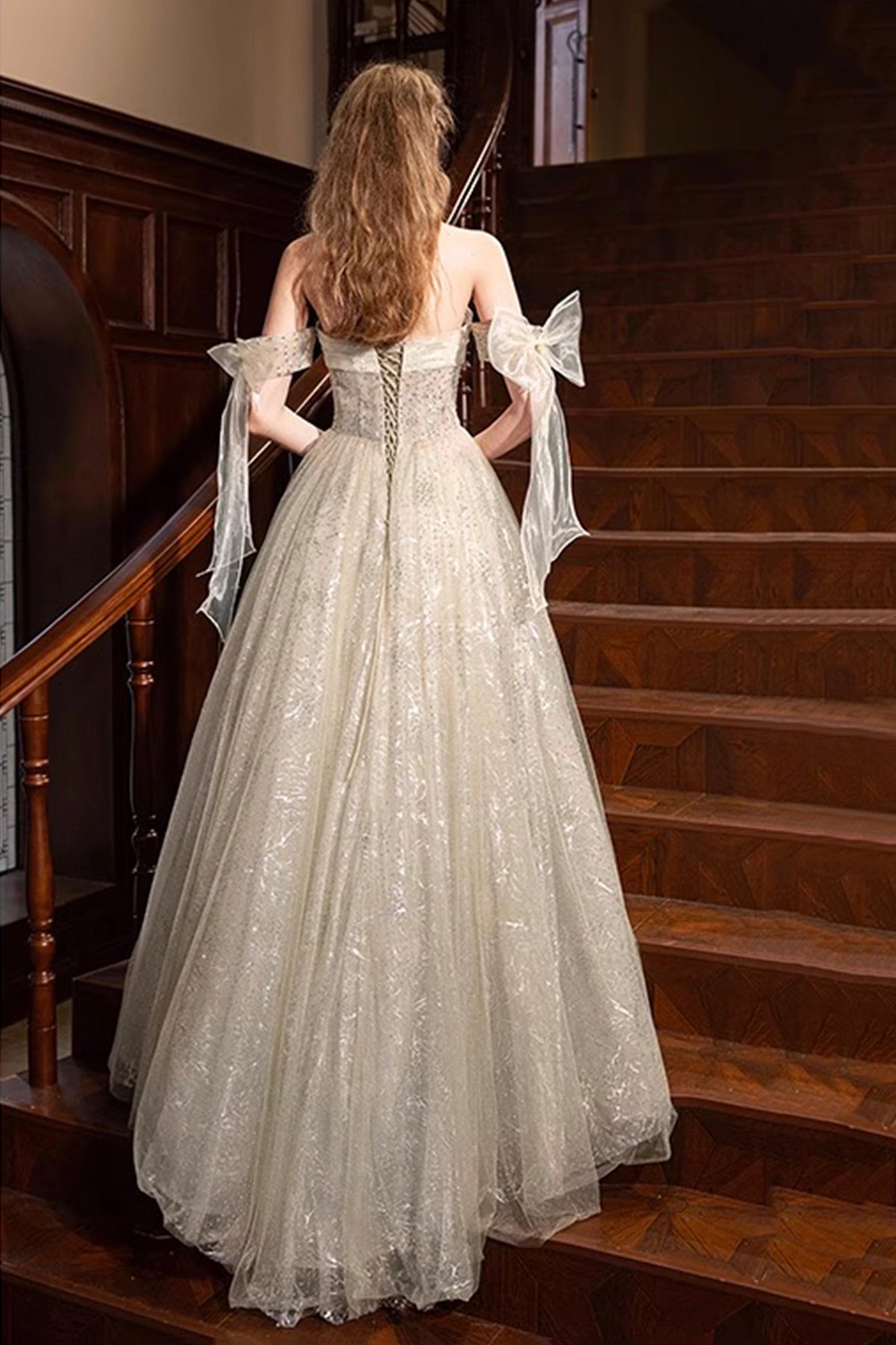 Champagne Strapless Sequins Long Prom Dress, A-Line Off the Shoulder Party Dress