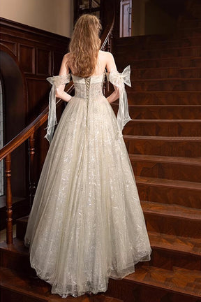 Champagne Strapless Sequins Long Prom Dress, A-Line Off the Shoulder Party Dress