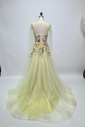 Pale Yellow Tulle Gown with 3D Floral Embroidery – Romantic Fairycore Wedding Dress with Draped Sleeves, Custom Fit