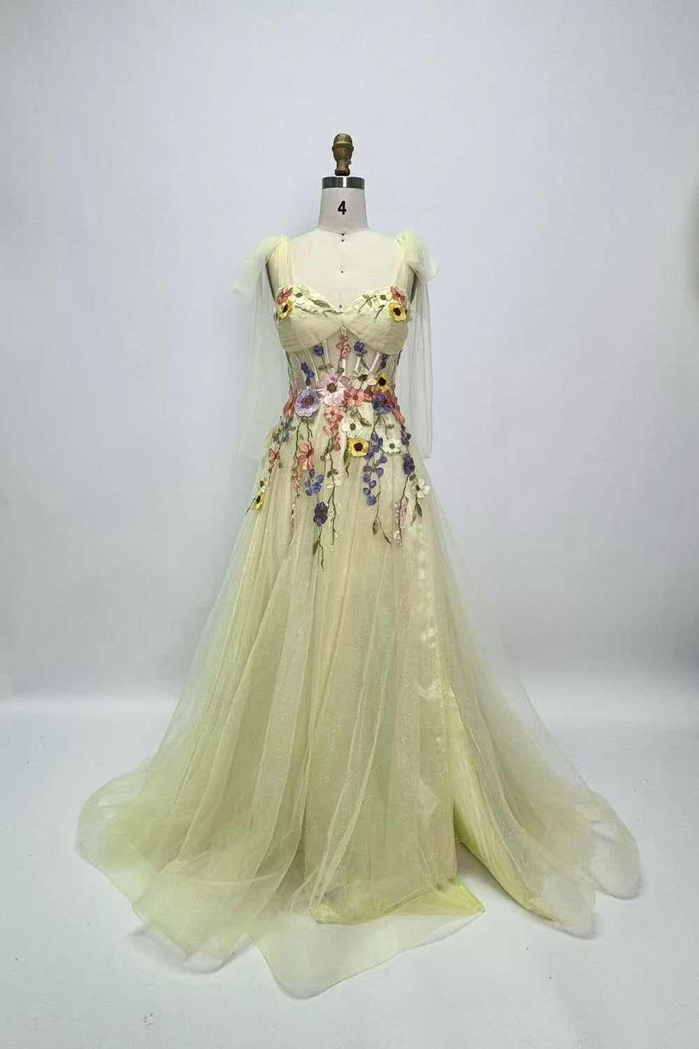 Pale Yellow Tulle Gown with 3D Floral Embroidery – Romantic Fairycore Wedding Dress with Draped Sleeves, Custom Fit