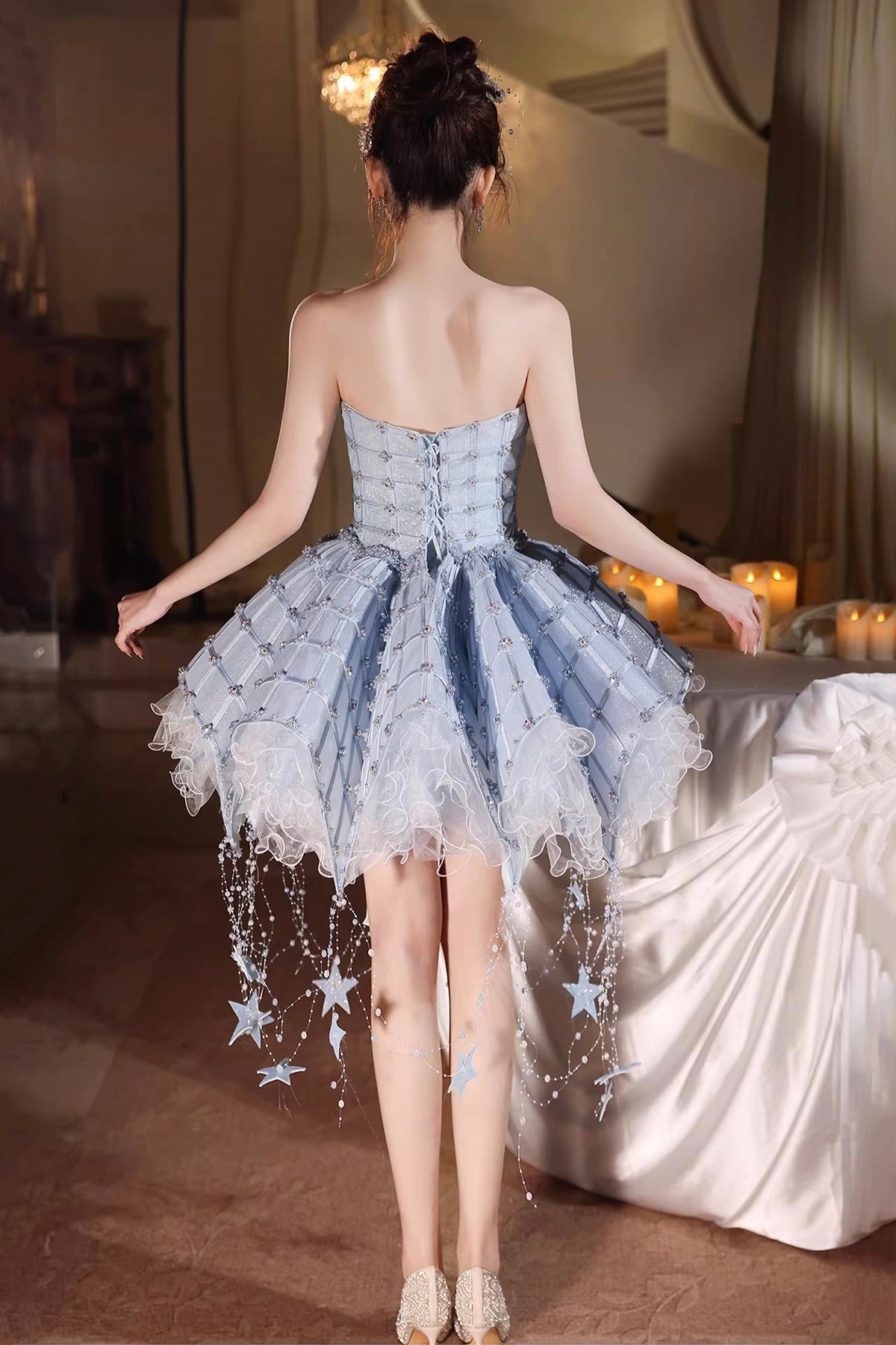 Whimsical Light Blue Starry Mini Prom Dress, Sparkling Beaded Tulle with Star Tassel Details