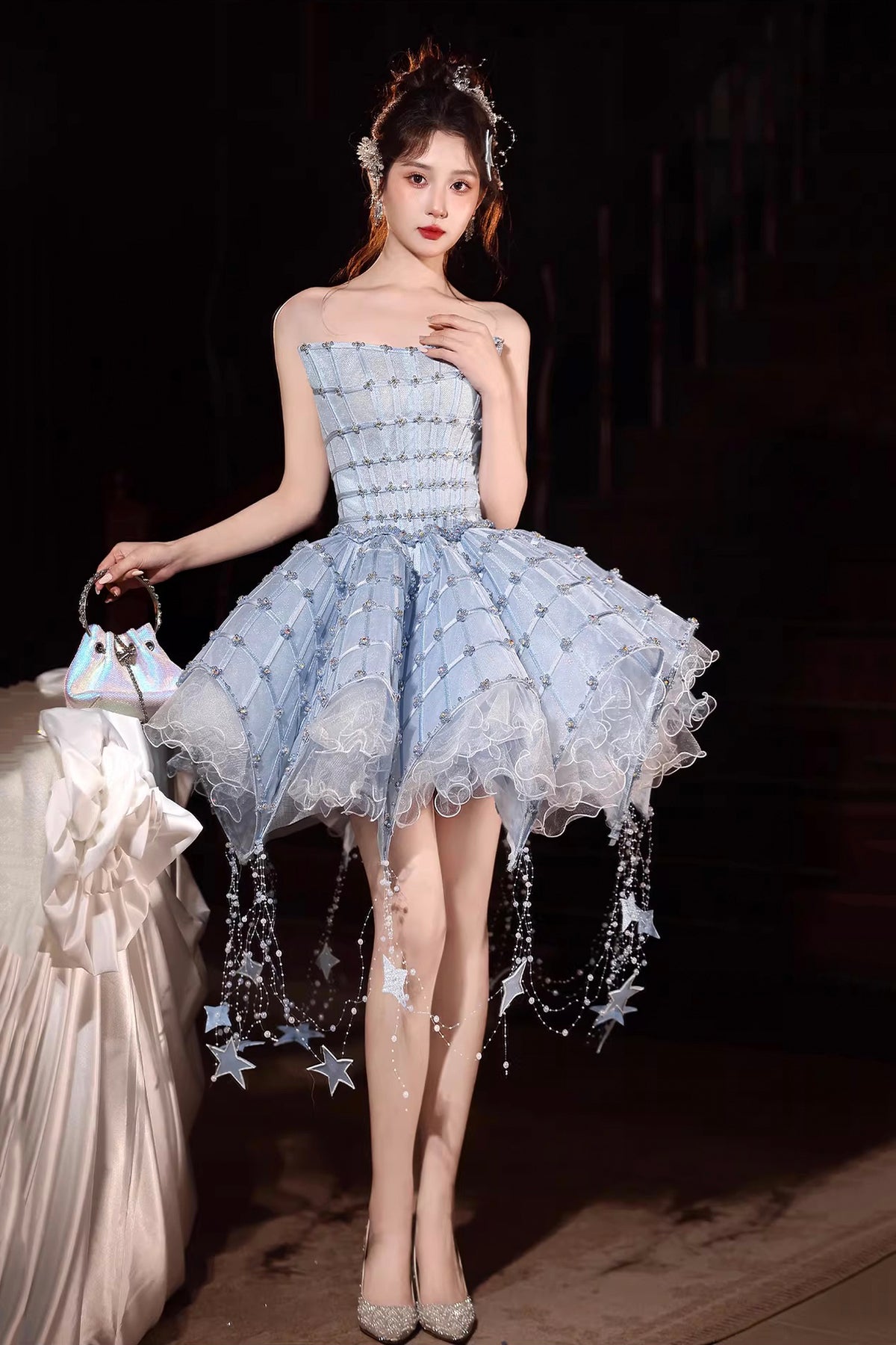 Whimsical Light Blue Starry Mini Prom Dress, Sparkling Beaded Tulle with Star Tassel Details