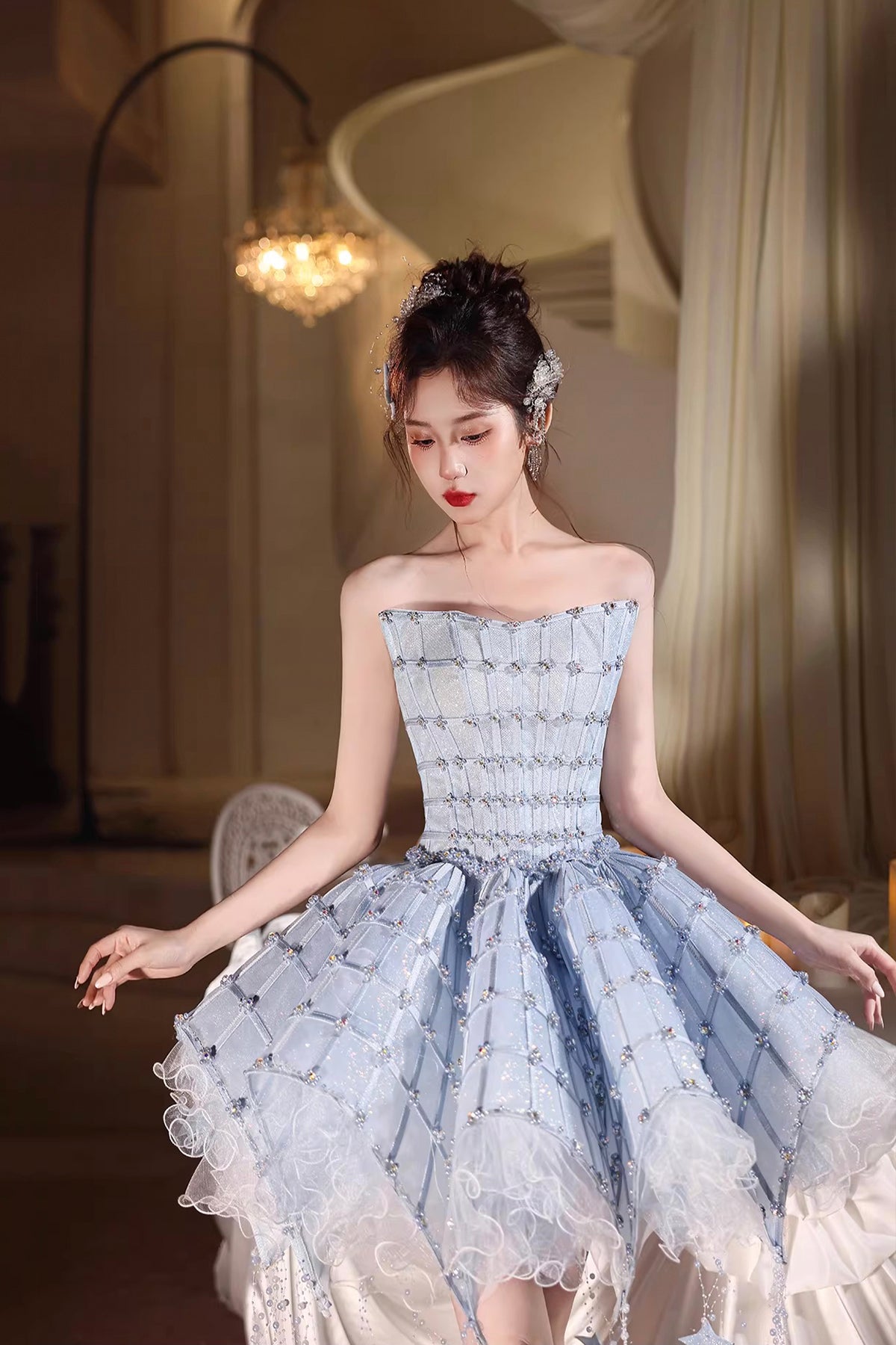 Whimsical Light Blue Starry Mini Prom Dress, Sparkling Beaded Tulle wi Whimsical Light Blue Starry Mini Prom Dress, Sparkling Beaded Tulle wi