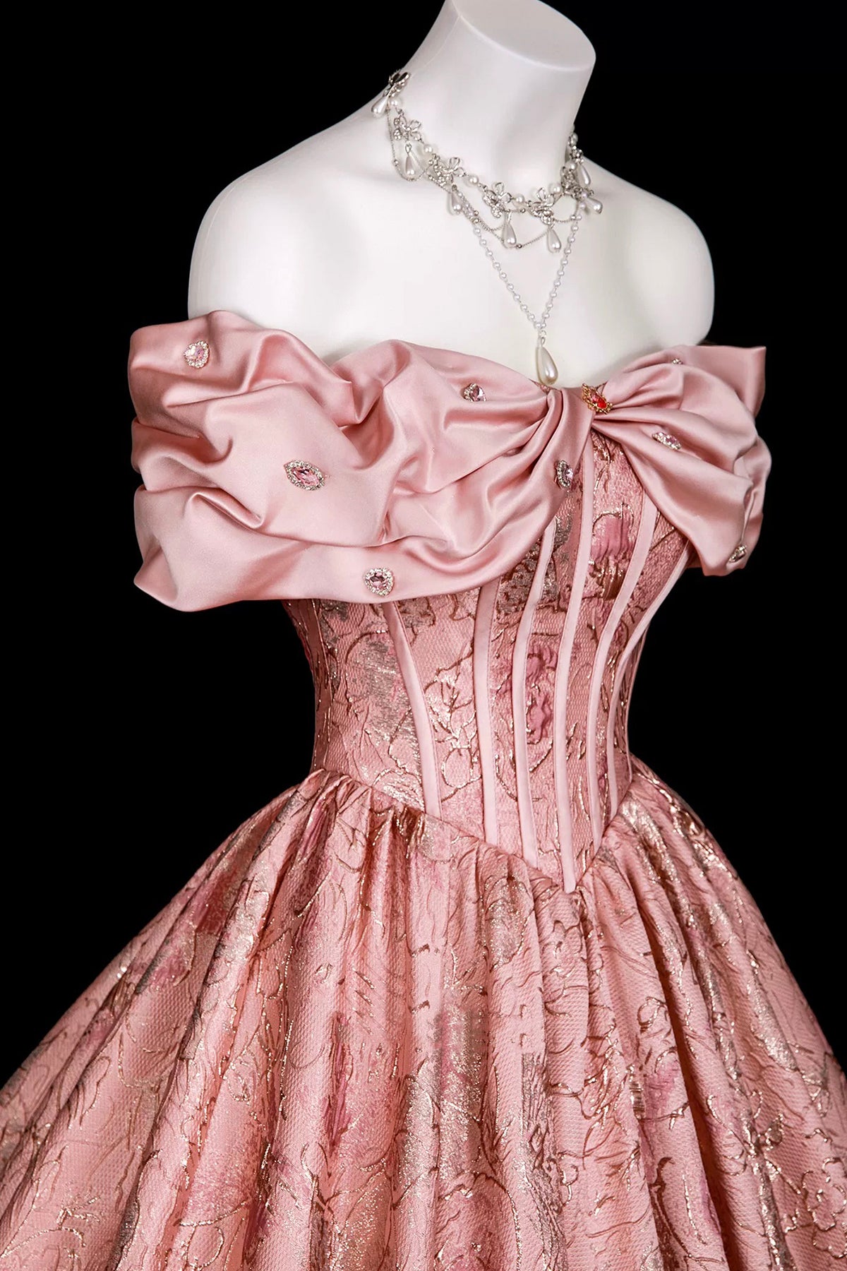 Dusty Pink Victorian Princess Gown, 3D Bow Satin Off Shoulder Formal Dress for Sweet 16 Prom