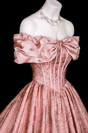 Dusty Pink Victorian Princess Gown, 3D Bow Satin Off Shoulder Formal Dress for Sweet 16 Prom