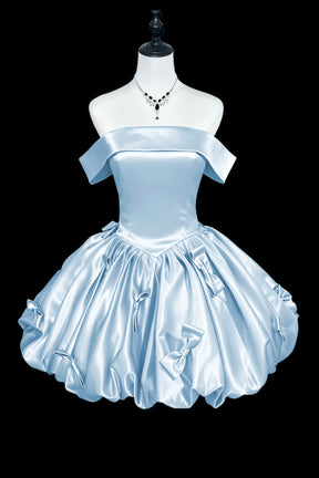Pale Mint/Blue Satin Off-Shoulder Mini Dress with Bow, Cute A-Line Party Dress