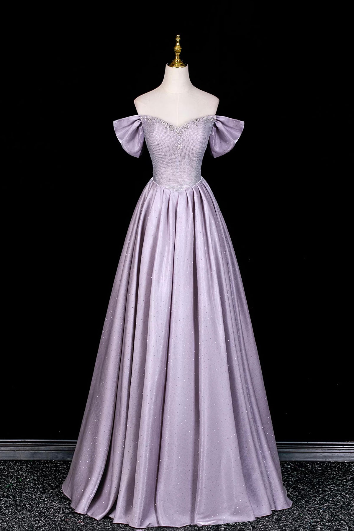 lilac off the shoulder prom dress Lilac Off-the-Shoulder Prom Dress, Sparkly Satin A-Line Evening Gown w