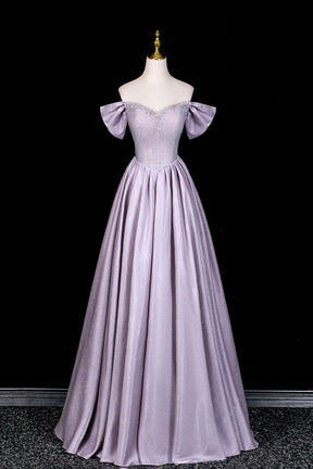 Lilac Off-the-Shoulder Prom Dress, Sparkly Satin A-Line Evening Gown with Puff Sleeves