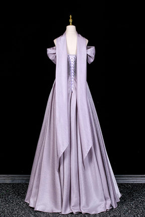 Lilac Off-the-Shoulder Prom Dress, Sparkly Satin A-Line Evening Gown with Puff Sleeves
