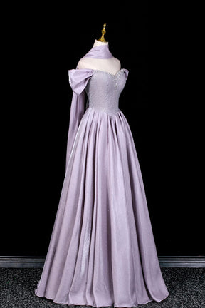 Lilac Off-the-Shoulder Prom Dress, Sparkly Satin A-Line Evening Gown with Puff Sleeves