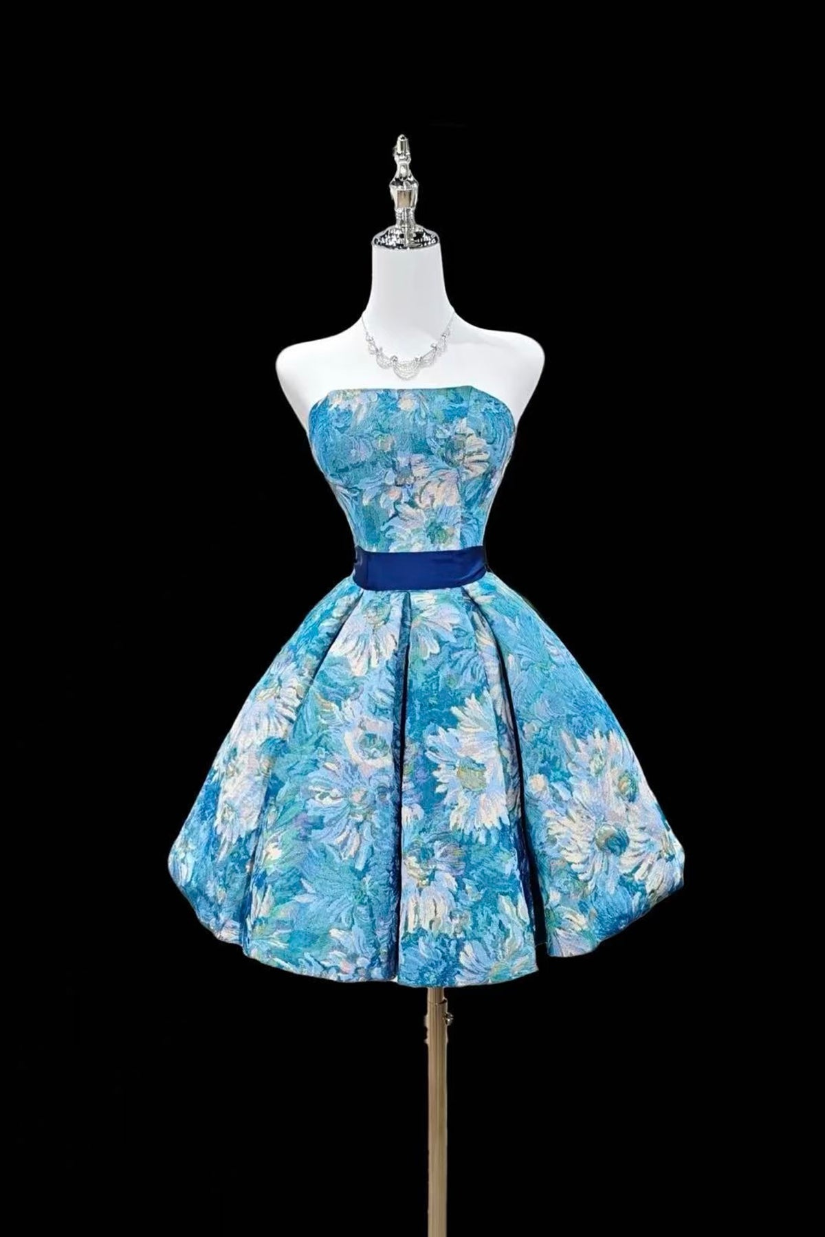 Blue Floral Strapless Mini Party Dress, A-Line Backless Evening Dress