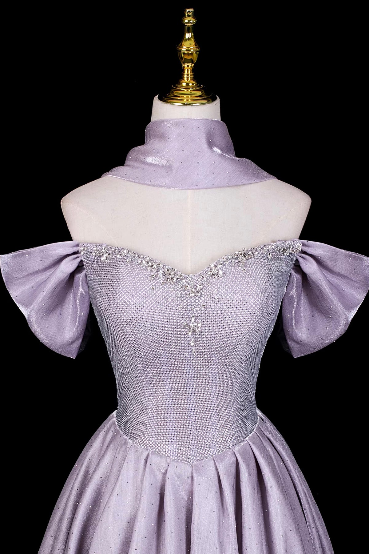 Lilac Off-the-Shoulder Prom Dress, Sparkly Satin A-Line Evening Gown with Puff Sleeves