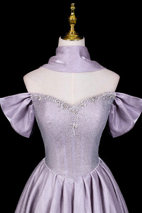 Lilac Off-the-Shoulder Prom Dress, Sparkly Satin A-Line Evening Gown with Puff Sleeves
