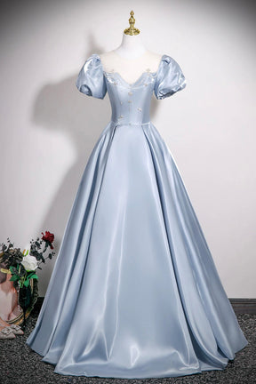 Powder Blue Satin Ball Gown with Crystal, Floor Length A-Line Princess Prom/Gala Dress