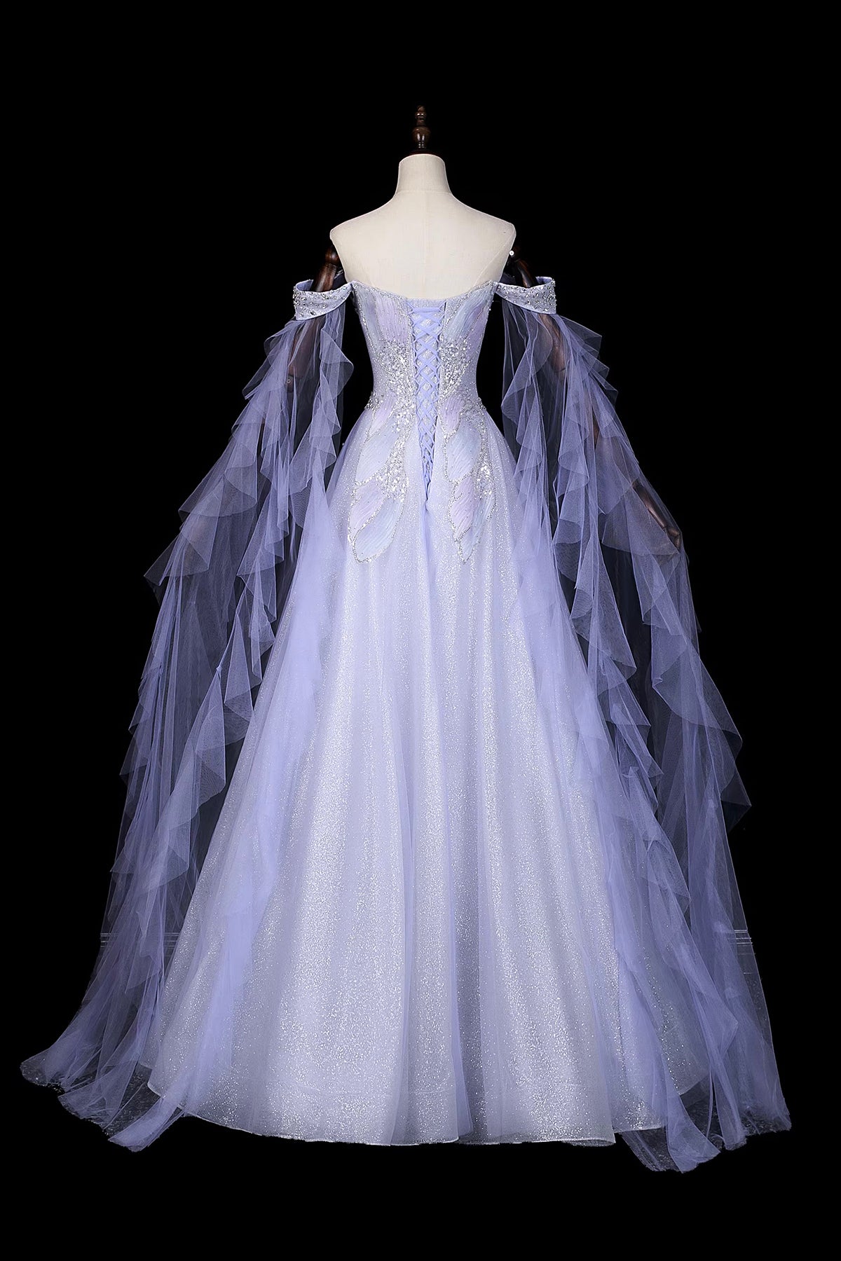 Lavender Off-the-Shoulder Prom Dress, Floral Tulle Evening Gown with Sheer Cape Sleeves