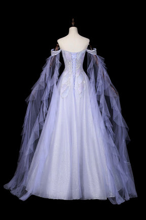 Lavender Off-the-Shoulder Prom Dress, Floral Tulle Evening Gown with Sheer Cape Sleeves