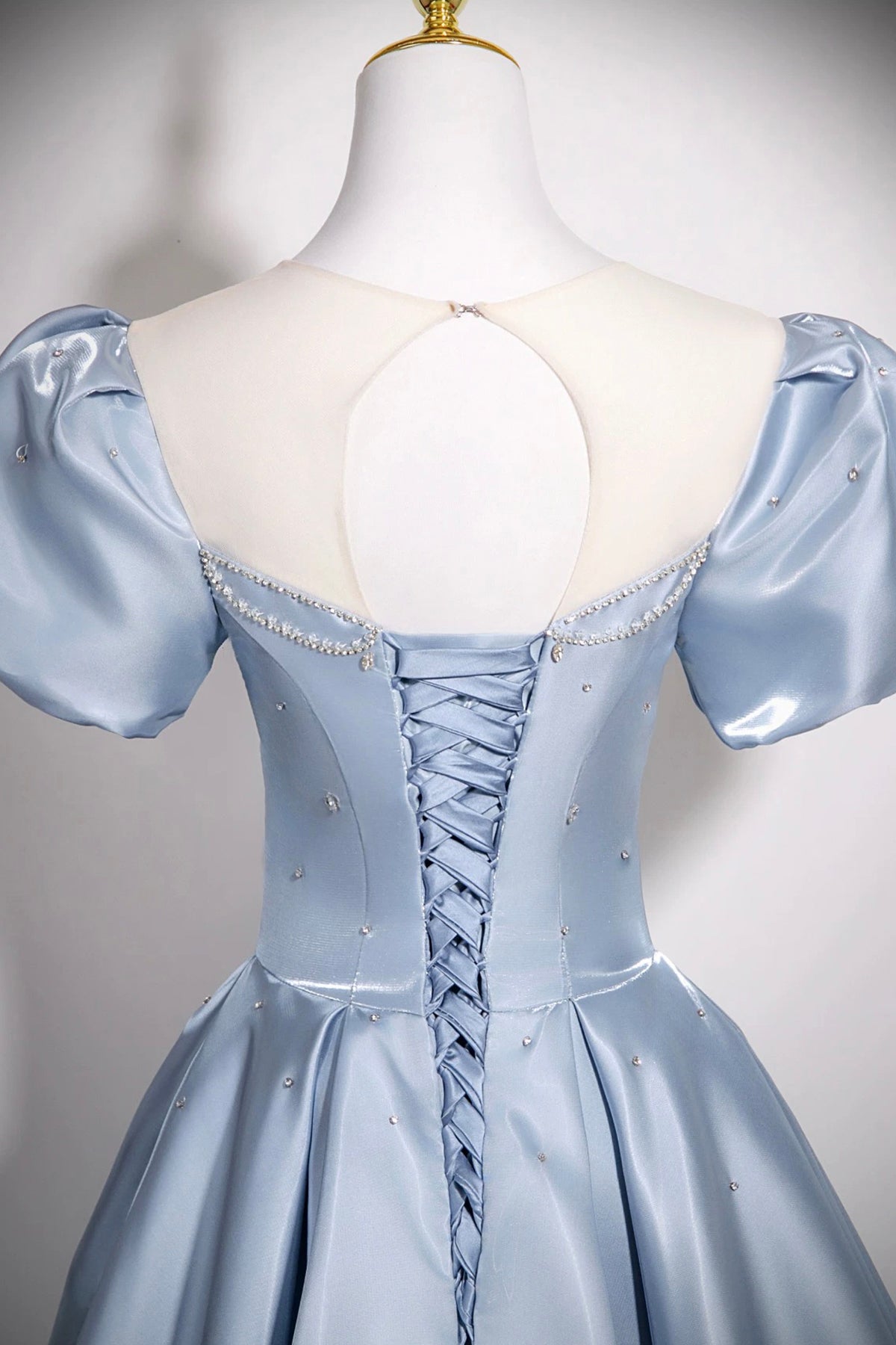 Powder Blue Satin Ball Gown with Crystal, Floor Length A-Line Princess Prom/Gala Dress