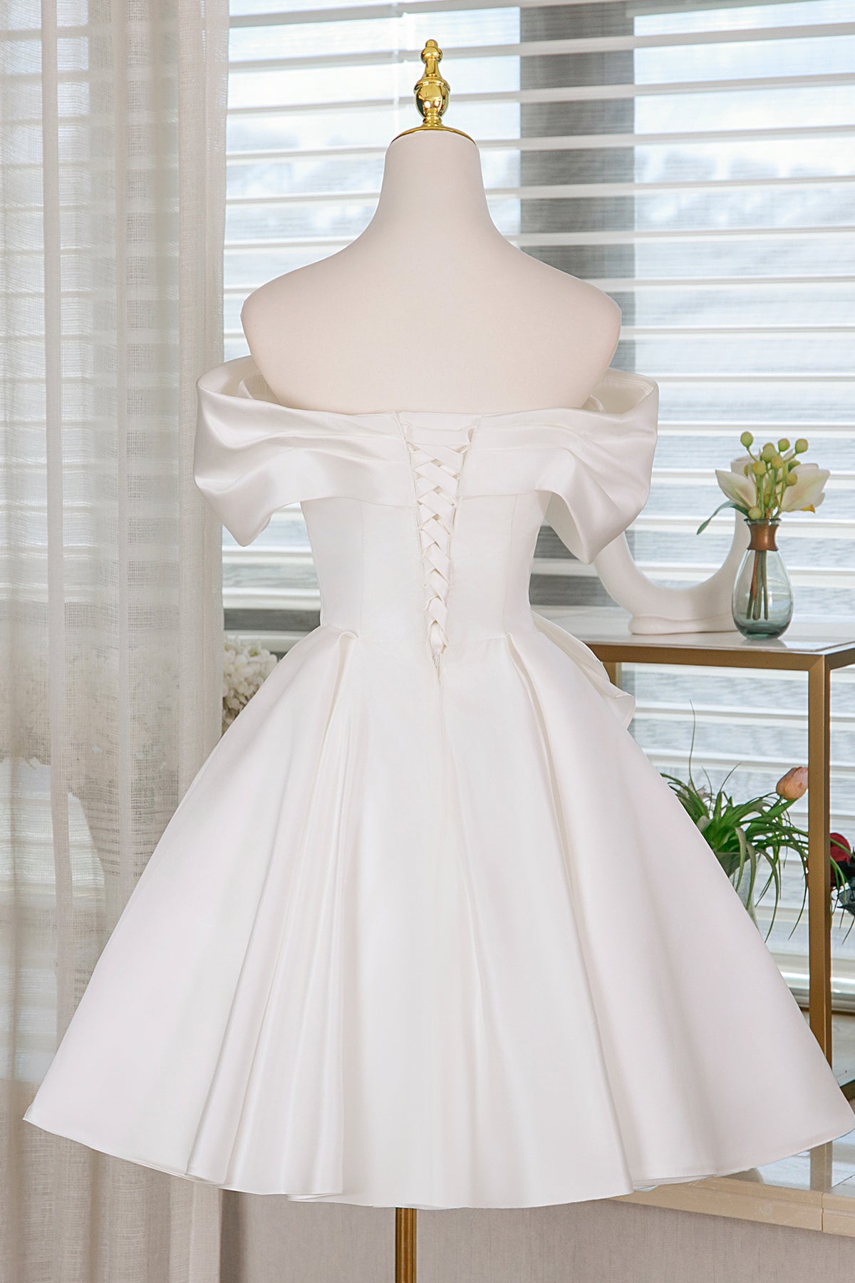 White Satin Short Prom Dress, Lovely A-Line Off the Shoulder Party Dress