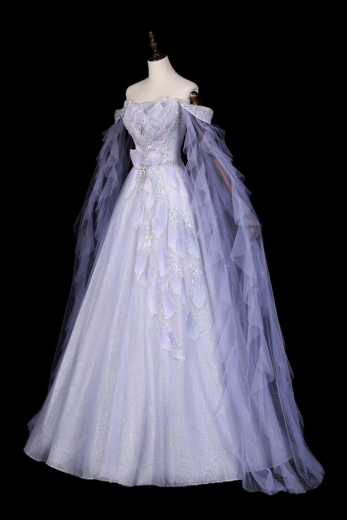 Lavender Off-the-Shoulder Prom Dress, Floral Tulle Evening Gown with Sheer Cape Sleeves