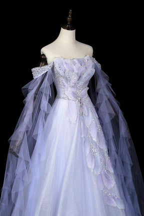 Lavender Off-the-Shoulder Prom Dress, Floral Tulle Evening Gown with Sheer Cape Sleeves