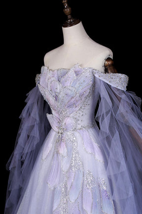 Lavender Off-the-Shoulder Prom Dress, Floral Tulle Evening Gown with Sheer Cape Sleeves