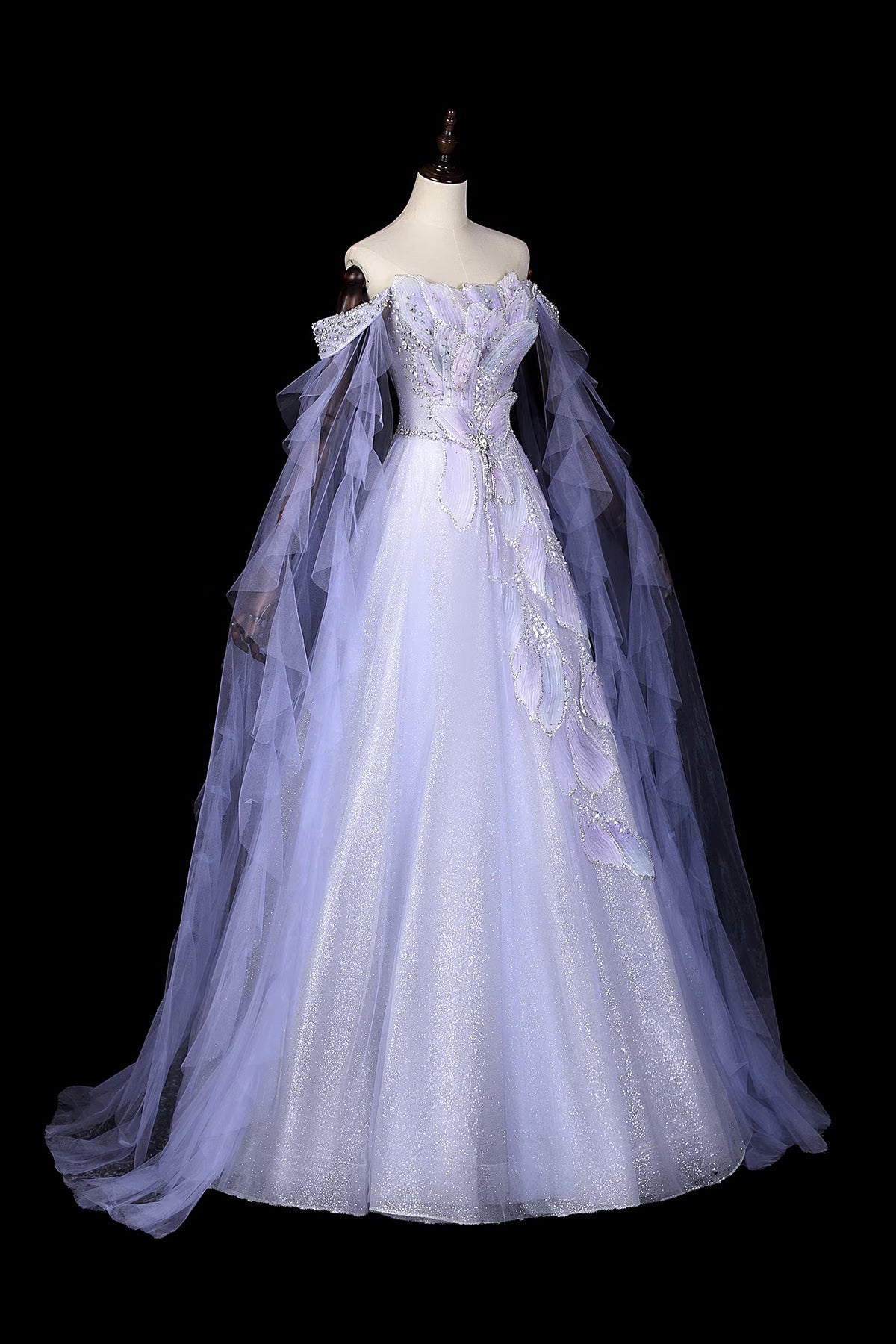 Lavender Off-the-Shoulder Prom Dress, Floral Tulle Evening Gown with Sheer Cape Sleeves