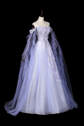 Lavender Off-the-Shoulder Prom Dress, Floral Tulle Evening Gown with Sheer Cape Sleeves
