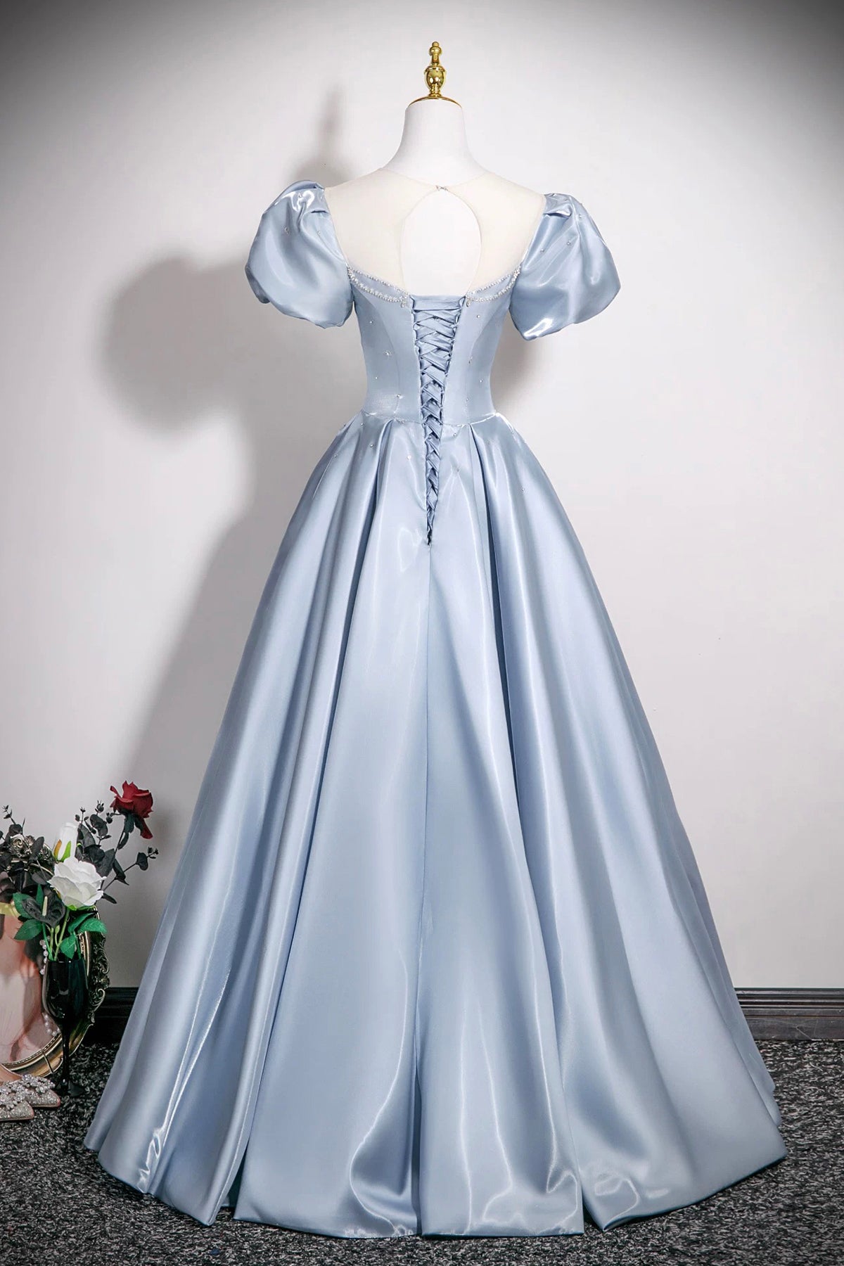 Powder Blue Satin Ball Gown with Crystal, Floor Length A-Line Princess Prom/Gala Dress