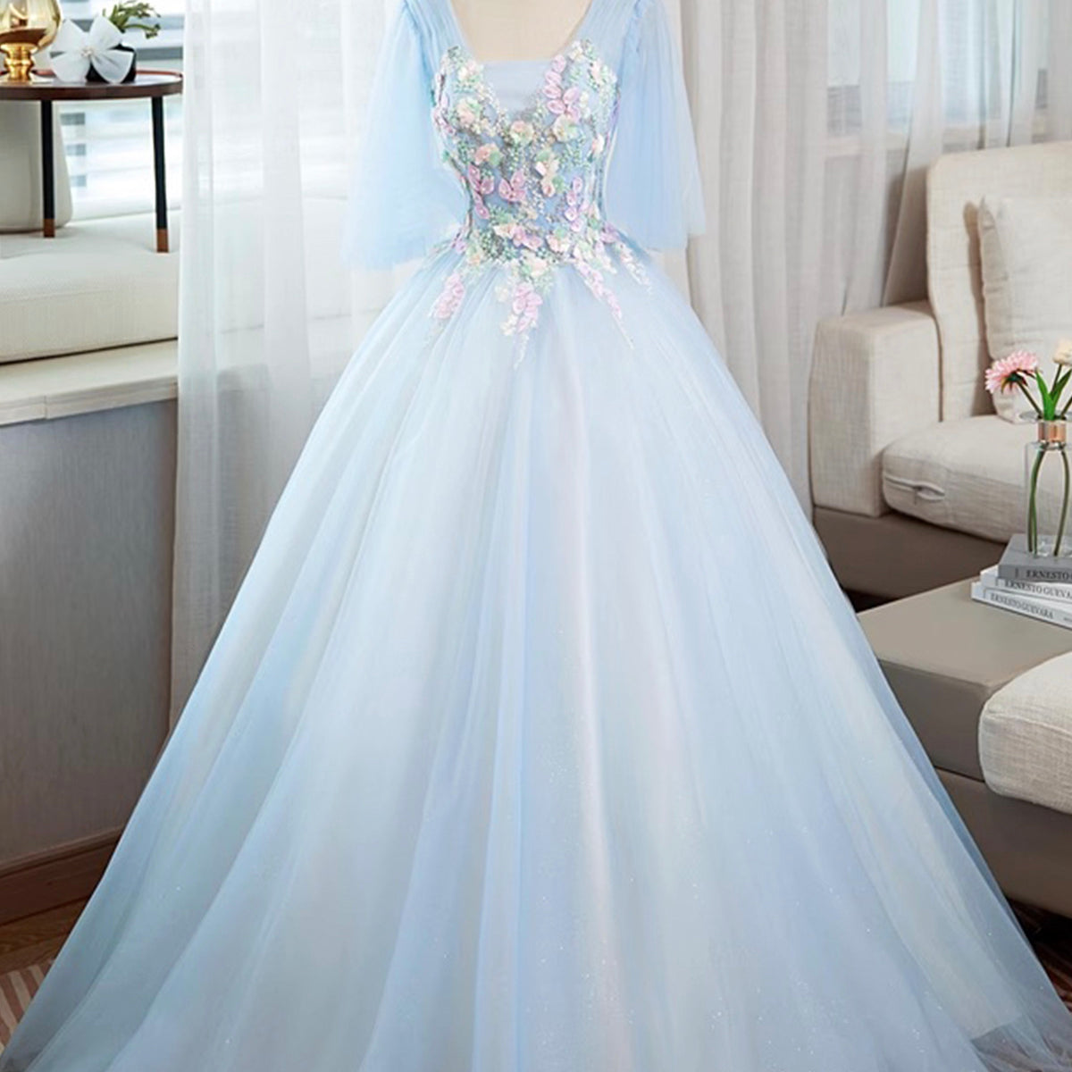 Blue Tulle Lace Long Prom Dress, Beautiful A-Line Evening Party Dress
