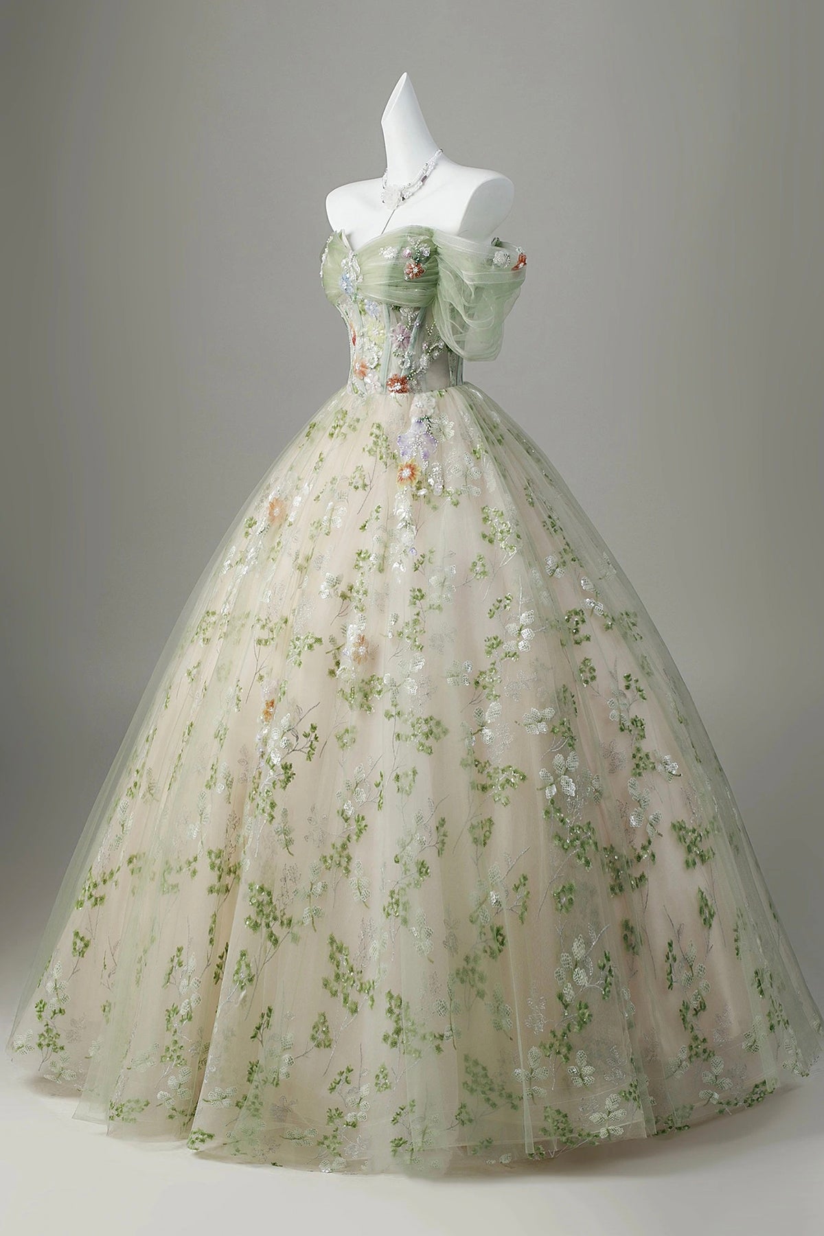 Off-the-Shoulder Sage Green Floral Ball Gown - 3D Embroidered Tulle Prom Dress with Beaded Corset