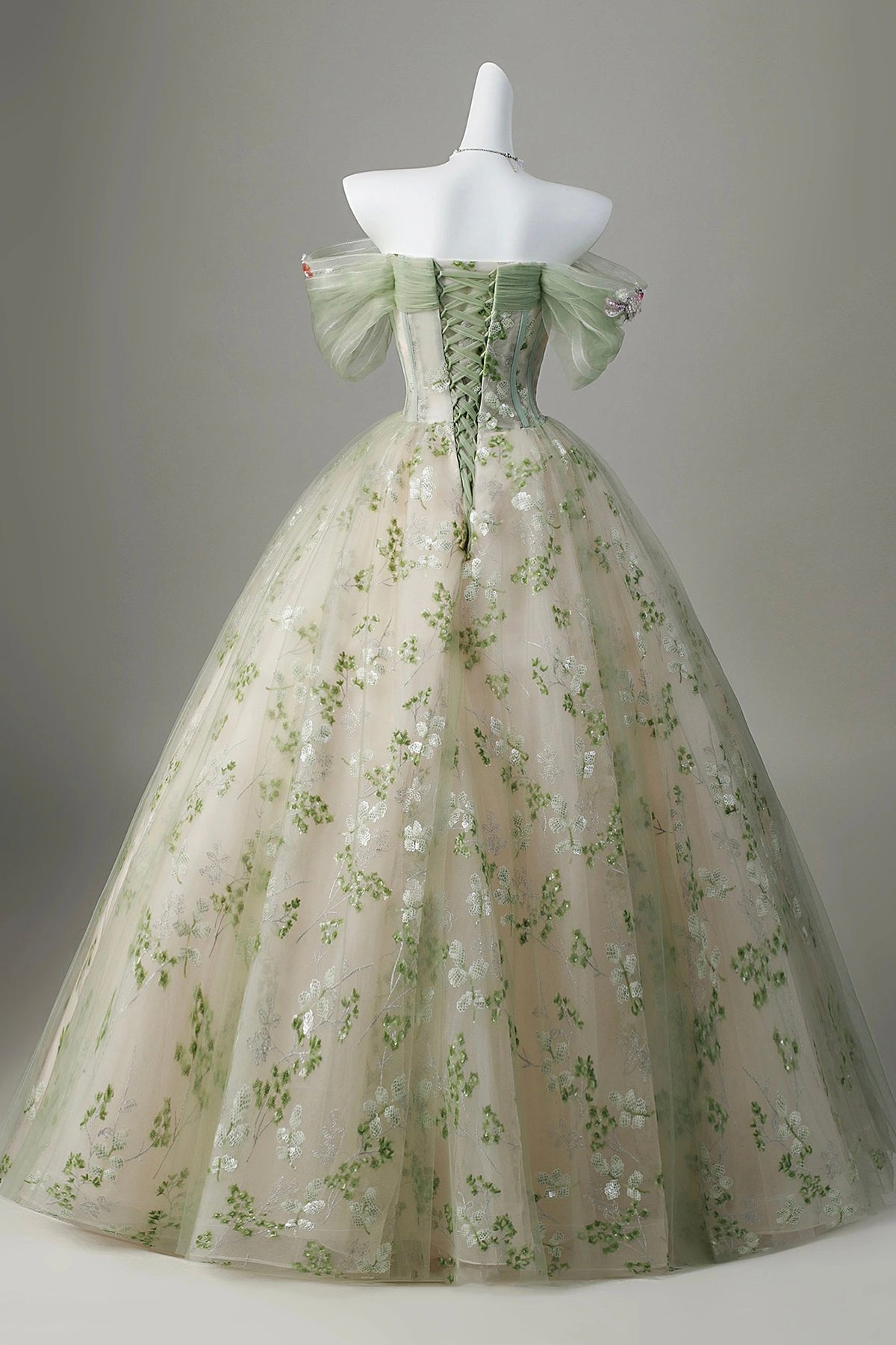 Off-the-Shoulder Sage Green Floral Ball Gown - 3D Embroidered Tulle Prom Dress with Beaded Corset