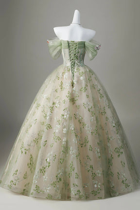Off-the-Shoulder Sage Green Floral Ball Gown - 3D Embroidered Tulle Prom Dress with Beaded Corset