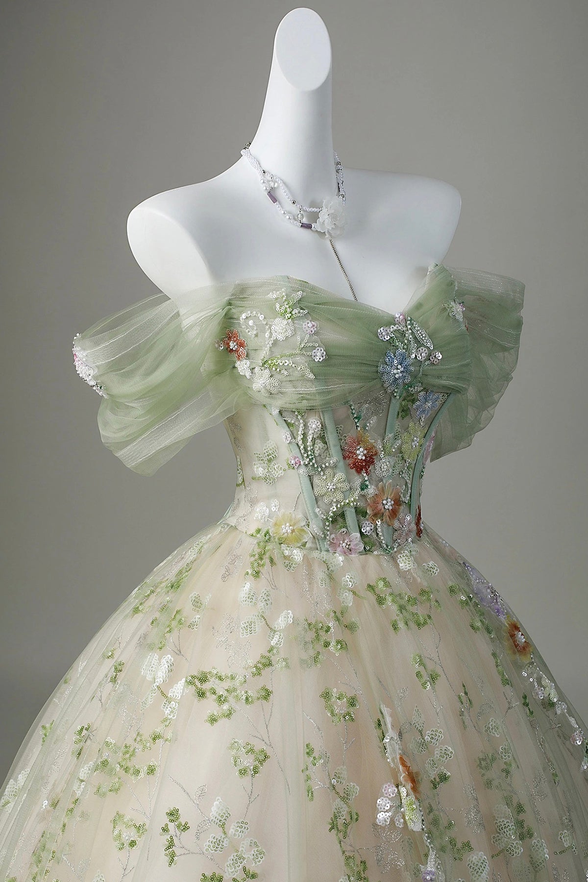 Off-the-Shoulder Sage Green Floral Ball Gown - 3D Embroidered Tulle Prom Dress with Beaded Corset