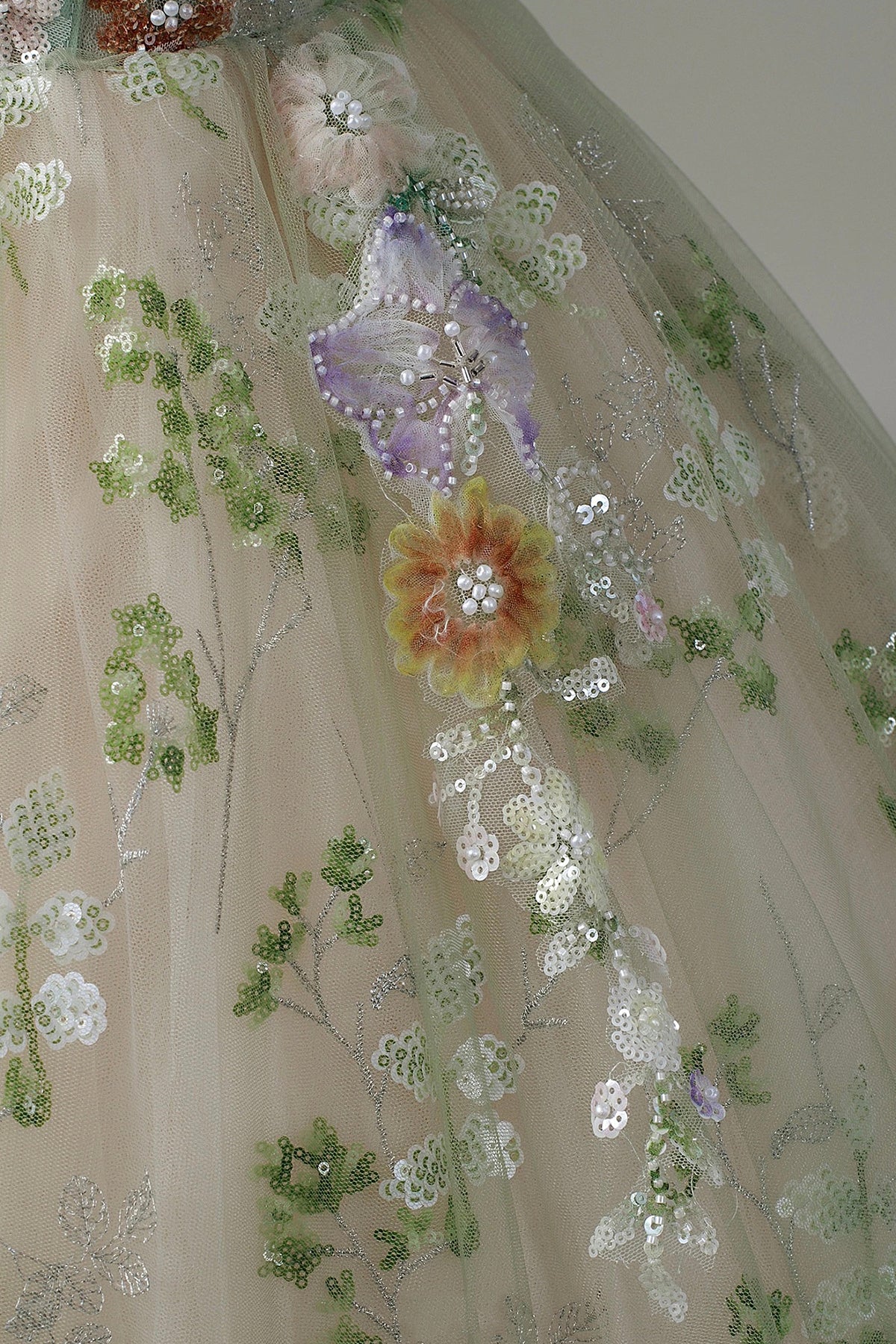 Off-the-Shoulder Sage Green Floral Ball Gown - 3D Embroidered Tulle Prom Dress with Beaded Corset