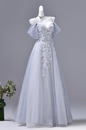 Dusty Blue Off-the-Shoulder Floral Applique Tulle Prom Gown | Spaghetti Strap Formal Evening Dress