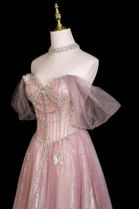 Charming Pink Rhinestone Sequins Floor Length Prom Dresses, A-Line Sweetheart Sleeveless Formal Dresses