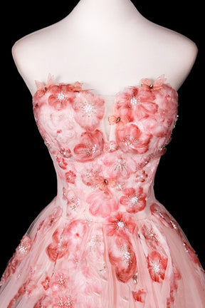 Pink Flower Fairy Blushing Appliques Prom Dresses, Beautiful A-Line Formal Dresses
