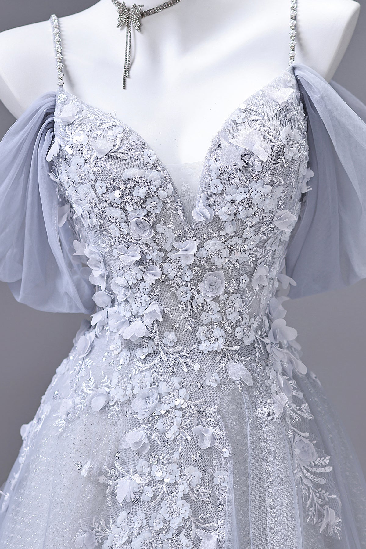 Dusty Blue Off-the-Shoulder Floral Applique Tulle Prom Gown | Spaghetti Strap Formal Evening Dress