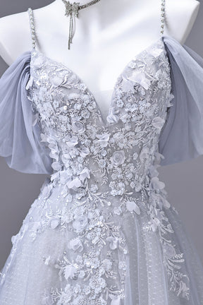 Dusty Blue Off-the-Shoulder Floral Applique Tulle Prom Gown | Spaghetti Strap Formal Evening Dress