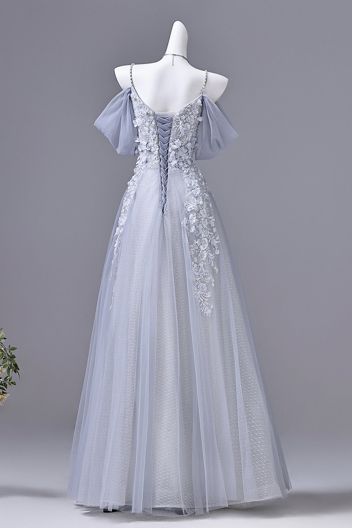 Dusty Blue Off-the-Shoulder Floral Applique Tulle Prom Gown | Spaghetti Strap Formal Evening Dress