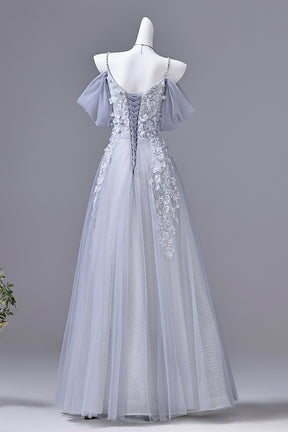 Dusty Blue Off-the-Shoulder Floral Applique Tulle Prom Gown | Spaghetti Strap Formal Evening Dress