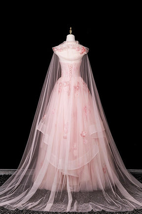 Pink Flower Fairy Blushing Appliques Prom Dresses, Beautiful A-Line Formal Dresses