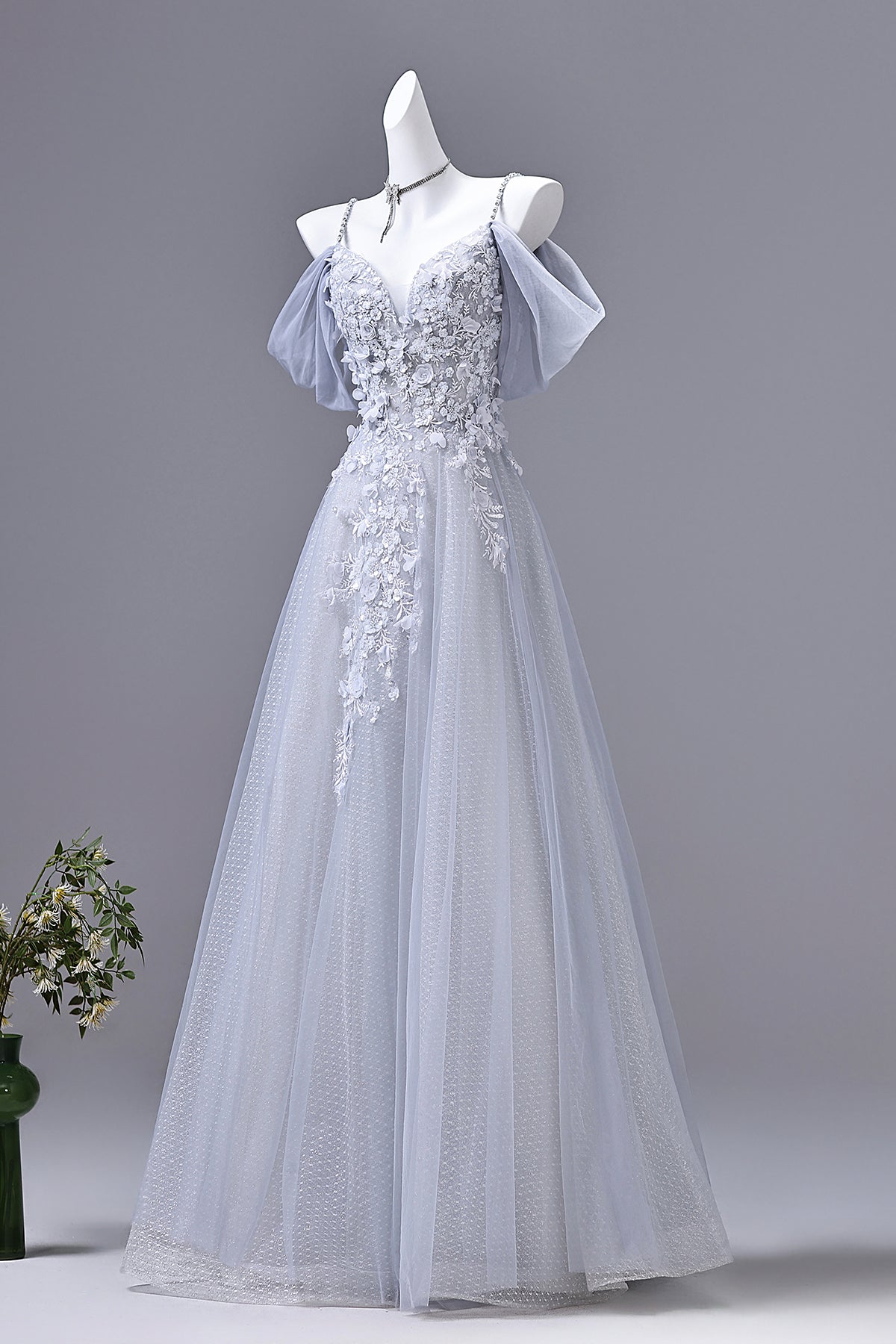 Dusty Blue Off-the-Shoulder Floral Applique Tulle Prom Gown | Spaghetti Strap Formal Evening Dress