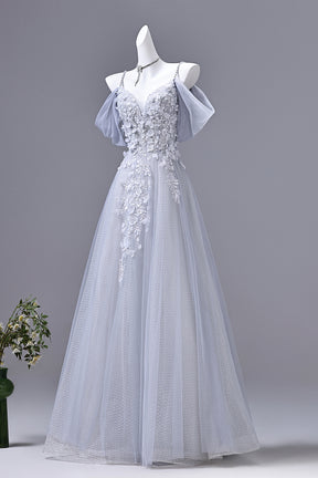 Dusty Blue Off-the-Shoulder Floral Applique Tulle Prom Gown | Spaghetti Strap Formal Evening Dress