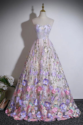 3D Floral Appliqué Strapless Ball Gown - Lilac Pink Prom Dress for Formal Events
