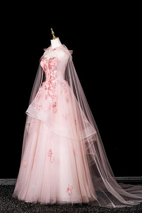 Pink Flower Fairy Blushing Appliques Prom Dresses, Beautiful A-Line Formal Dresses
