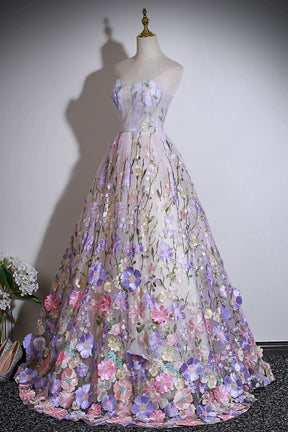 3D Floral Appliqué Strapless Ball Gown - Lilac Pink Prom Dress for Formal Events